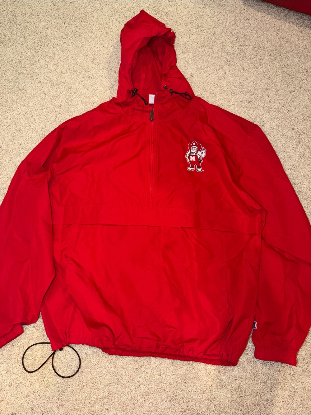 Red Hooded Pullover Windbreaker with herbie Patch